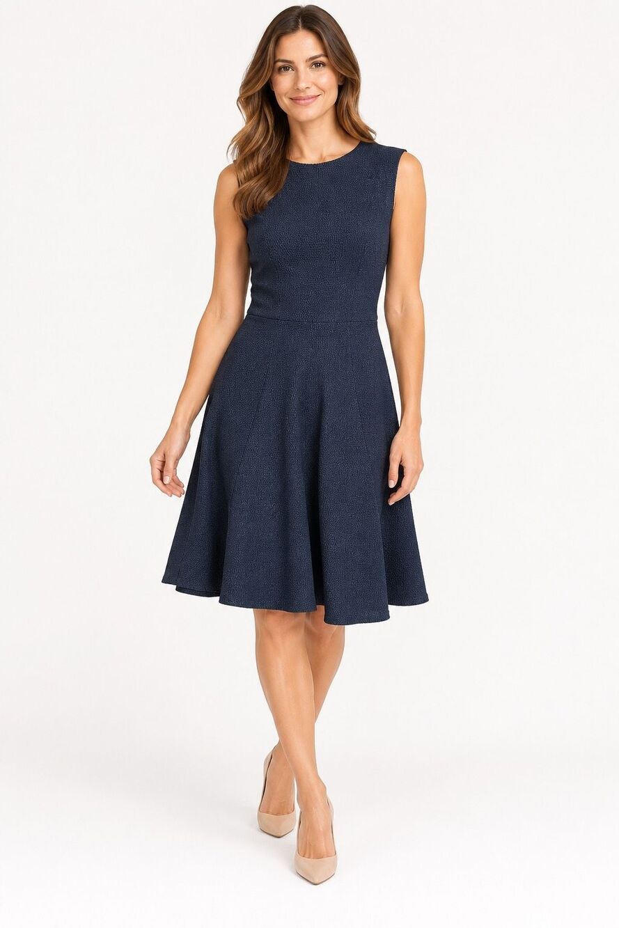 M.M. LaFleur Navy Blue Textured Sleeveless Fit Flare Midi Dress Size 12
